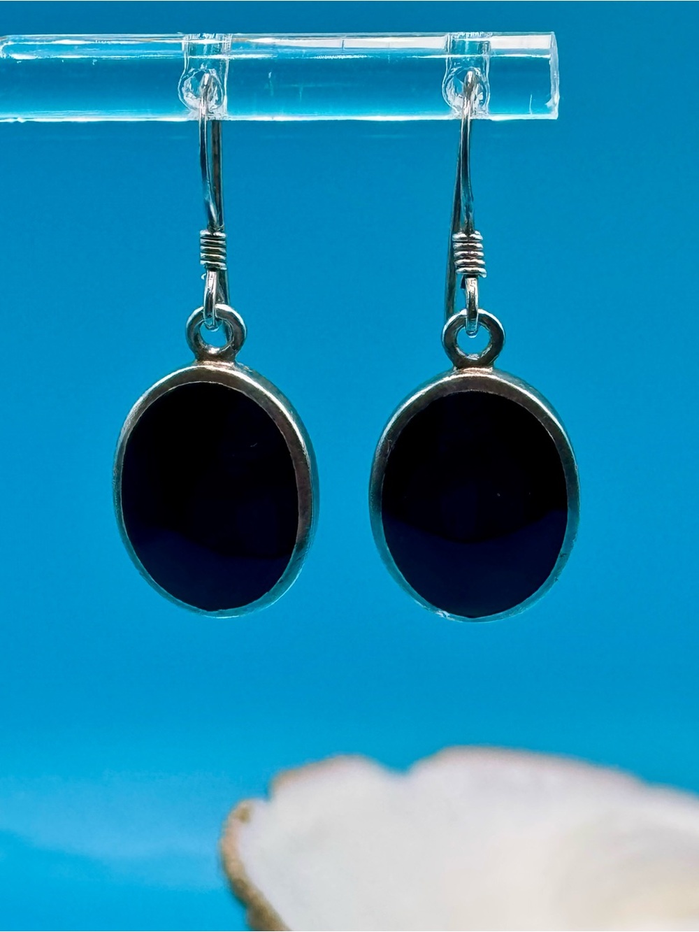 925 IBB Black Oval Drop Earrings